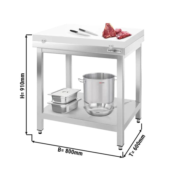 Paslanmaz Çelik Çalışma Tezgahı PREMIUM- 800x600mm - Alt Raflı, Sırtsız, Kesme Plakası dahil