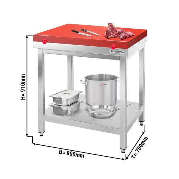 Paslanmaz Çelik Çalışma Tezgahı PREMIUM- 800x700mm - Alt Raflı, Sırtsız, Kesme Plakası dahil