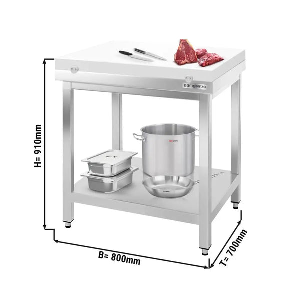 Paslanmaz Çelik Çalışma Tezgahı PREMIUM - 800x700mm - Kesme plakası dahil, sırtsız alt raflı