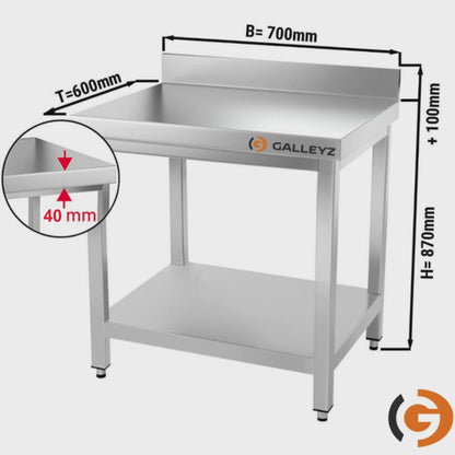 Çalışma Tezgahı - Paslanmaz Çelik PREMIUM - 700x600mm - Alt Raflı ve Sırtlı