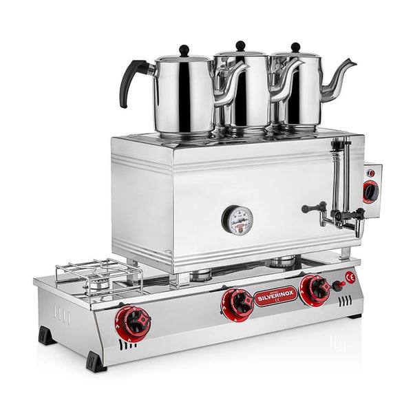 SilverInox 2101-D 60 Model Kaynaklı 3 Demlikli Çay Ocağı, Çift Taban, 33 L, Elektrikli + Doğalgazlı