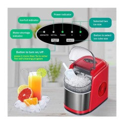 Vosco VSCB-12B Hazneli Ev Tipi Parmak Buz Makinesi, 12 kg/gün Kapasiteli, Kırmızı